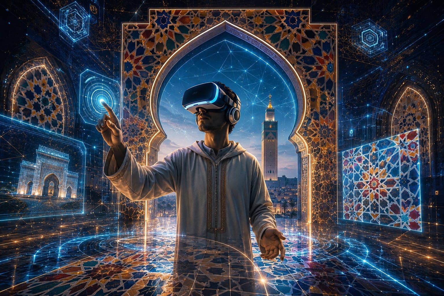 Un visiteur casqué en réalité virtuelle, main tendue vers un motif lumineux, devant une porte marocaine en zellige ouverte sur une ville au crépuscule
